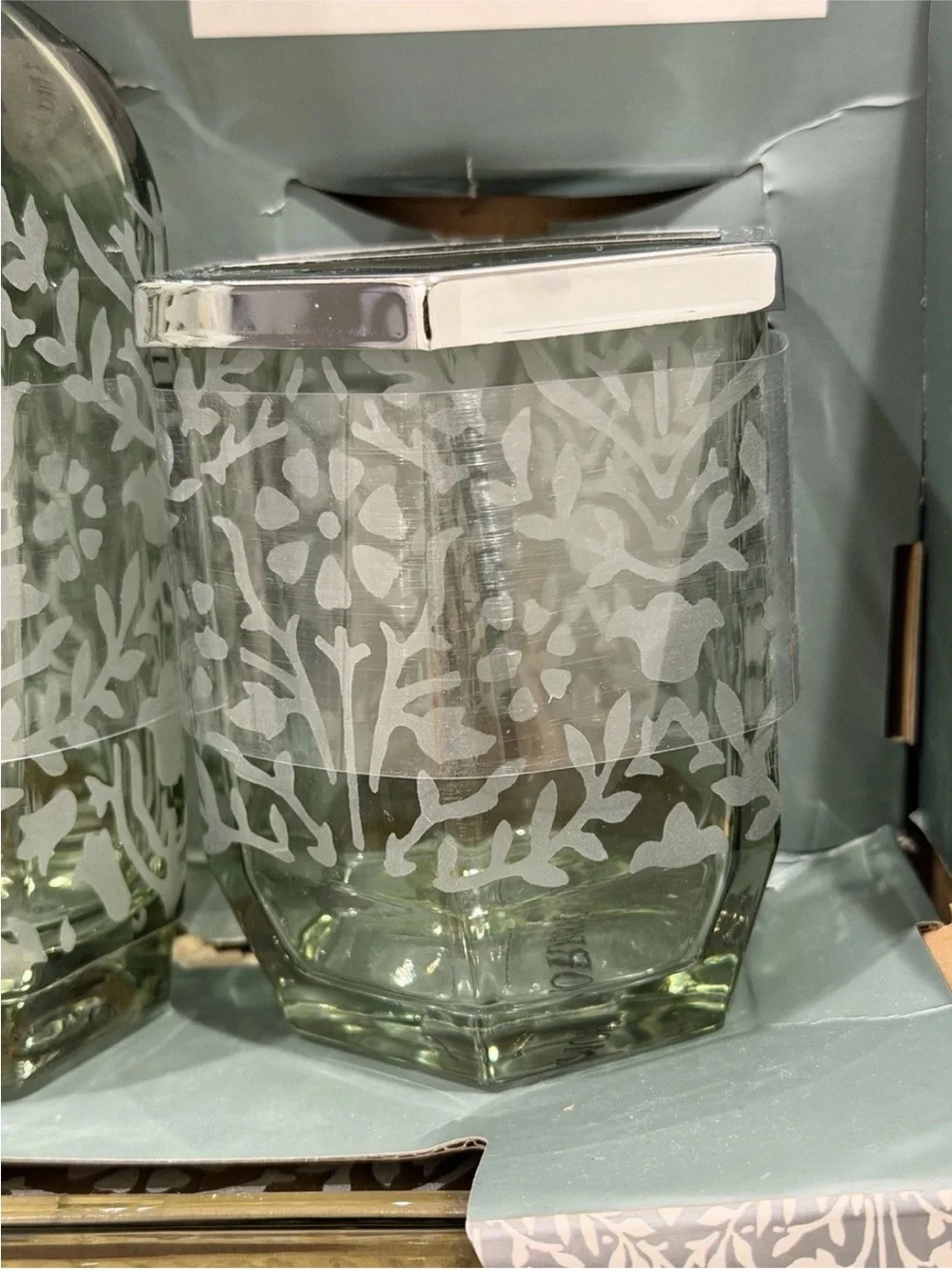 William Morris & Co Bathroom Vanity 3pc SET Tray Bellflower Etched Green Glass